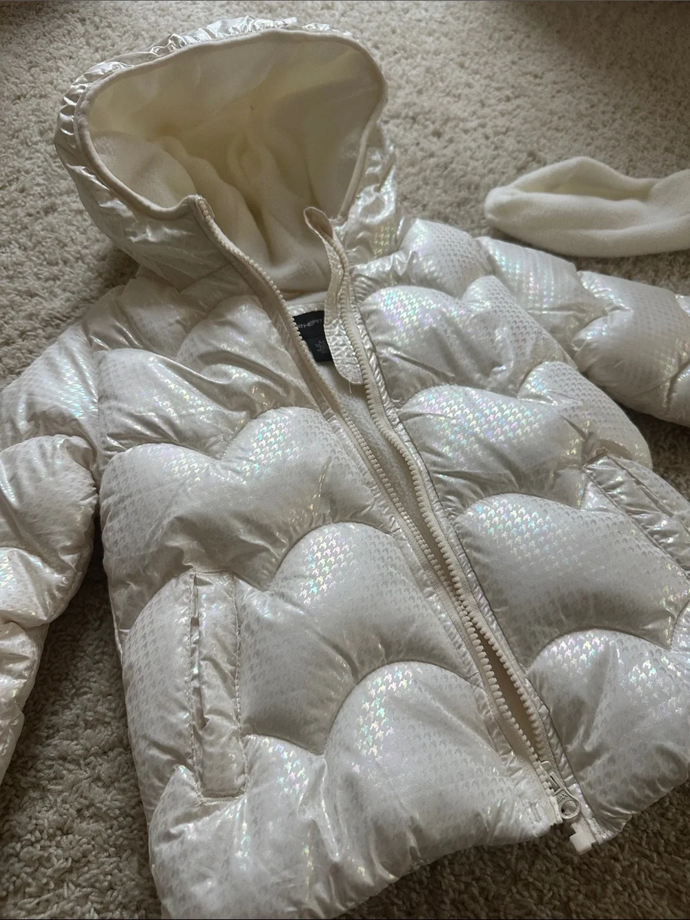 Girls' Shimmery Cream Hooded Puffer Jacket with Matching Headband